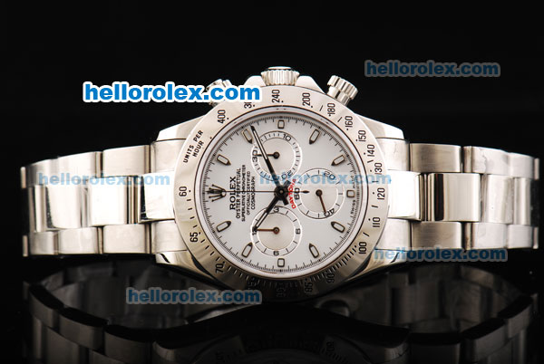 Rolex Daytona Oyster Perpetual Date Swiss Valjoux 7750 Chronograph Movement White Dial with White Stick Marker and SS Strap - Click Image to Close